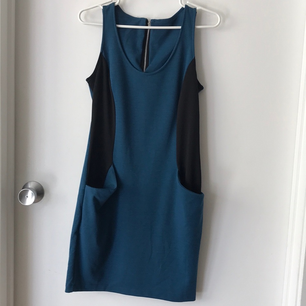 Green and black mini dress.